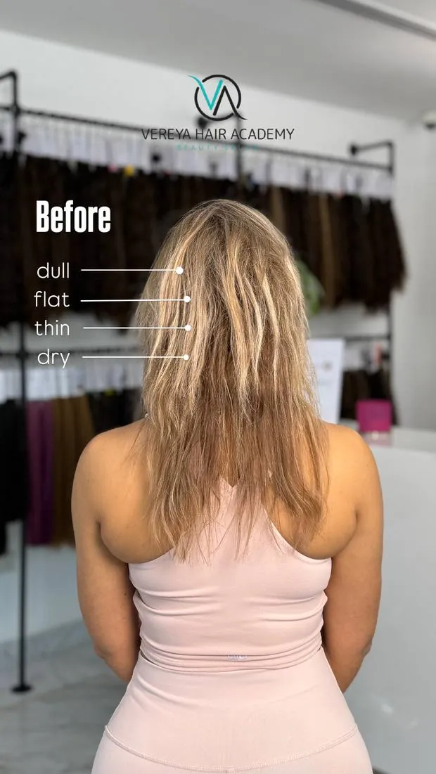 Before — her own hair, dry and thinning through the lengths