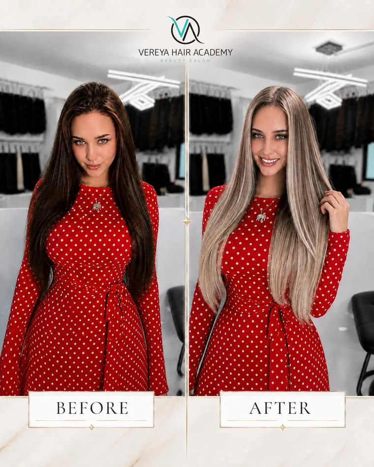 Before and after: dark hair taken to a cool blonde with extensions at Vereya Hair Dubai