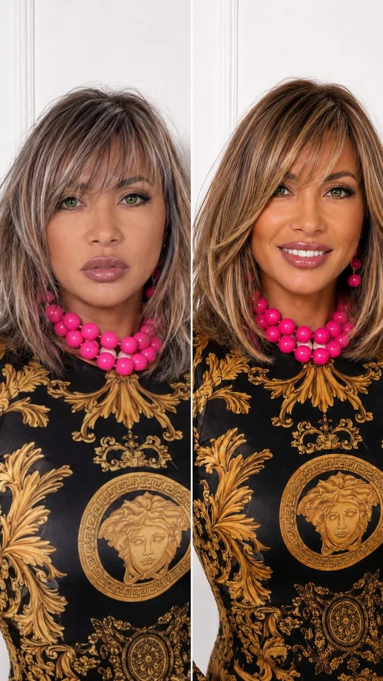 Before and after: grown-out grey roots corrected to a warm blonde balayage