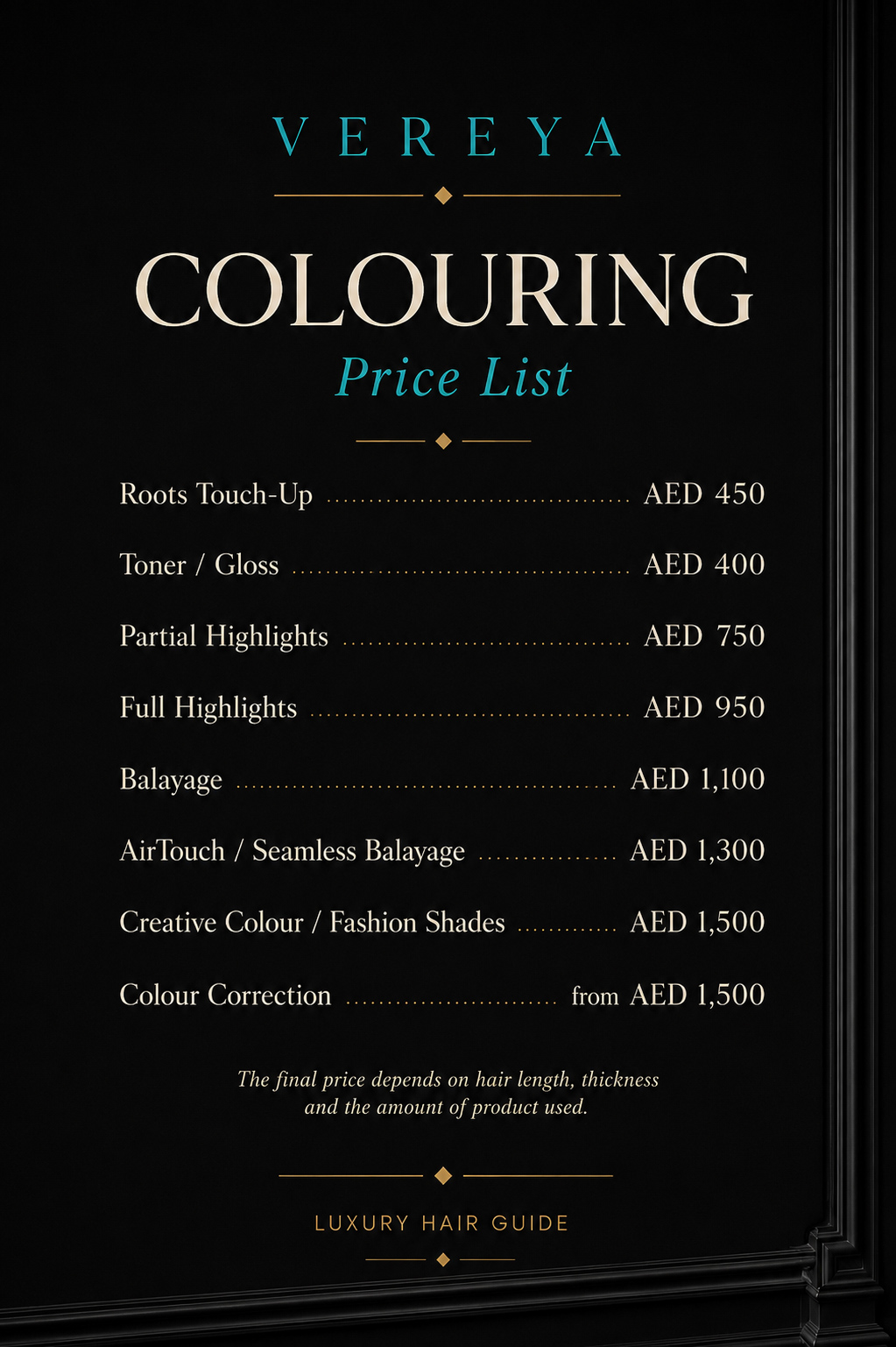 Vereya Hair Salon Dubai - Premium Price List and Cost of Services