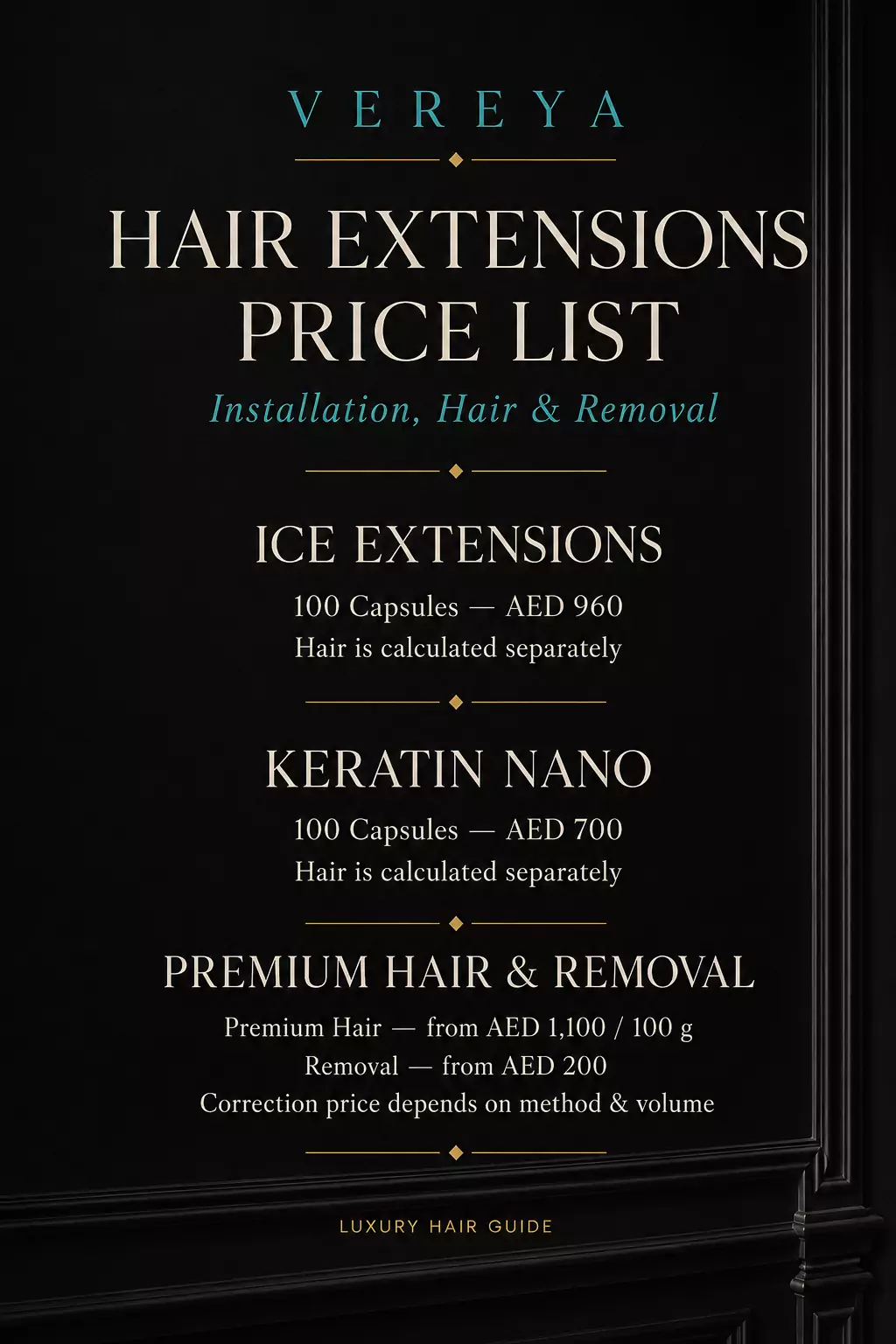 Vereya Hair Salon Dubai - Premium Hair Extensions Price List 2026