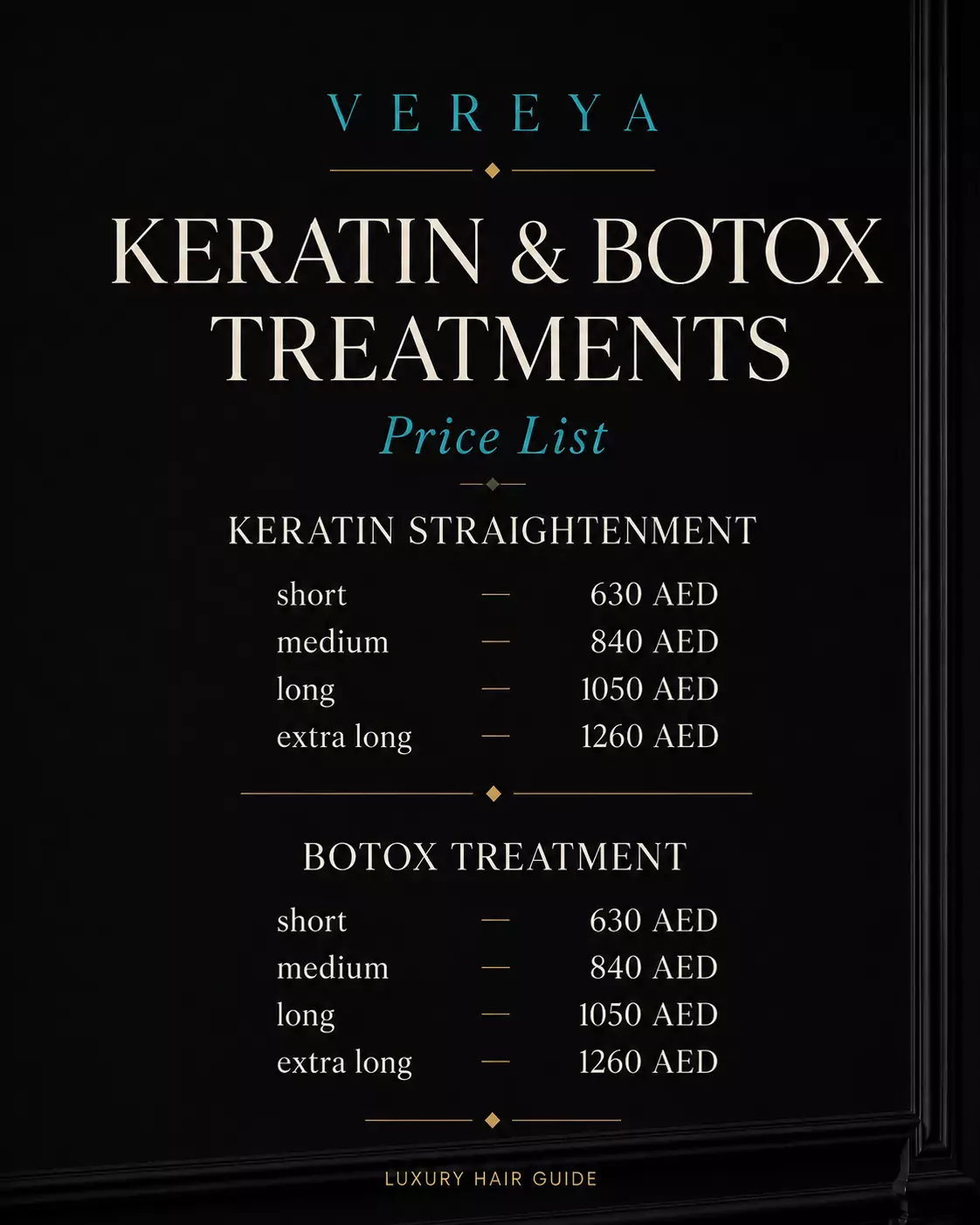 Vereya Hair Salon Dubai - Keratin and Hair Botox Treatments Price List